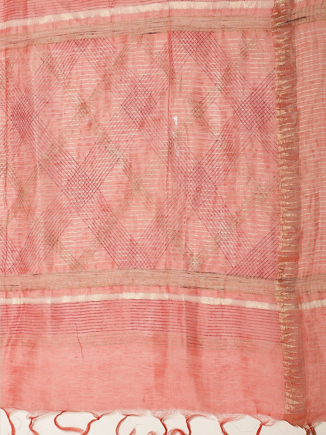 Peach Gold Block Printed Linen Saree
