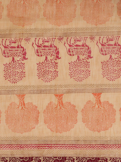 Nakshi Cream Peach Cotton Hand Block Printed Saree