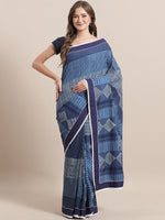 Load image into Gallery viewer, Navy Blue Hand Block Print Cotton Saree
