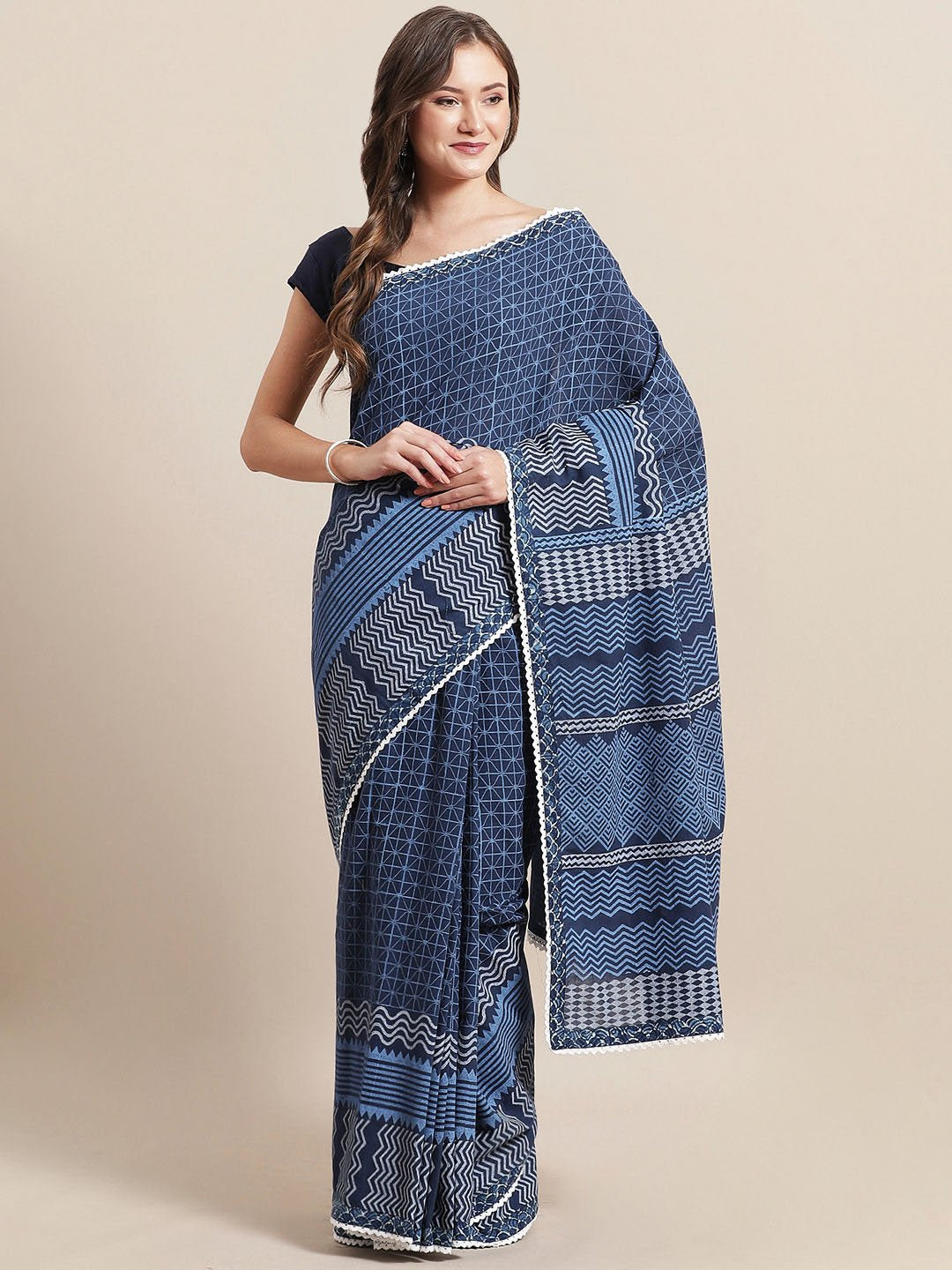 Nakshi Navy Blue Handblock Printed Cotton Saree