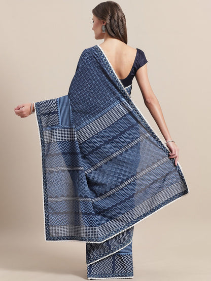 Nakshi Navy Blue Handblock Printed Cotton Saree