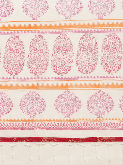 Nakshi White & Pink Hand Block Printed Cotton Saree