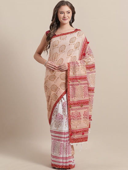 Nakshi Beige Cotton Hand Block Printed Saree