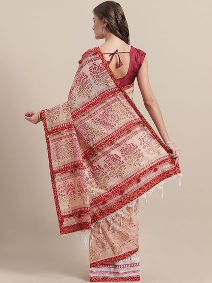 Nakshi Beige Cotton Hand Block Printed Saree