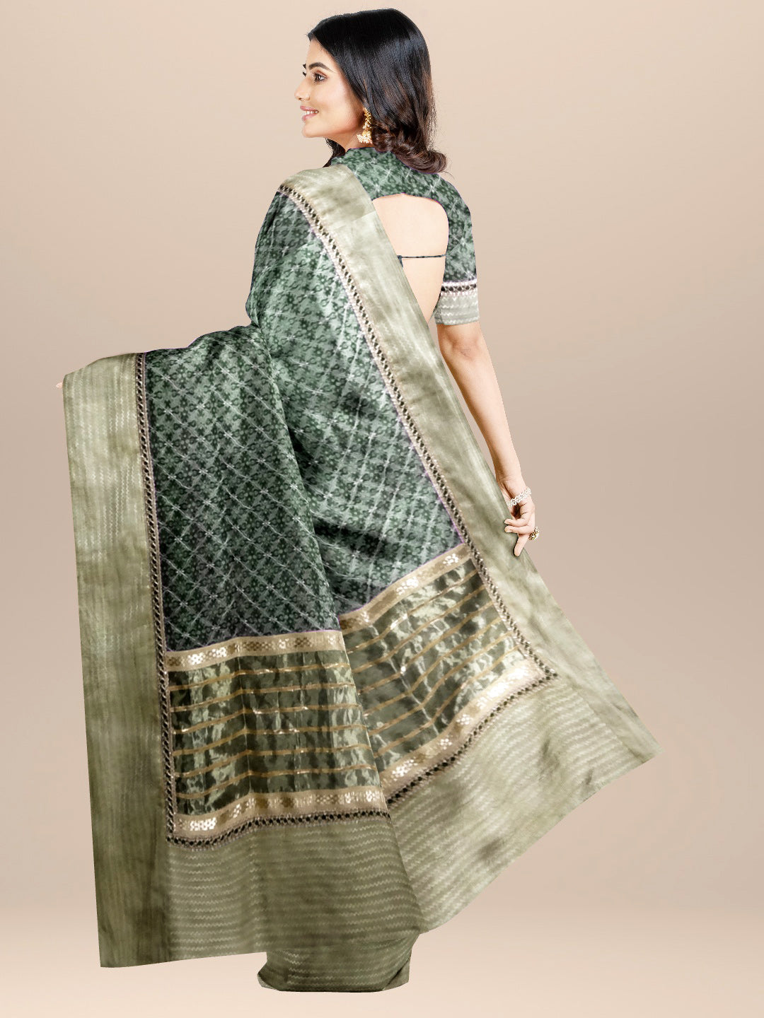 Nakshi Dark Green Hand Printed Organza Saree With Brocade Border & Zari Embroidery And Dabka Work
