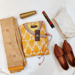 Load image into Gallery viewer, Yellow Printed Tussar Muga Hand Embroidered Zardozi Angrakha Kurta Set
