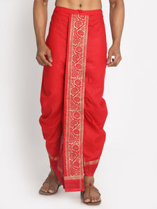 Red Cotton  Dhoti With Ethnic Handblock Print