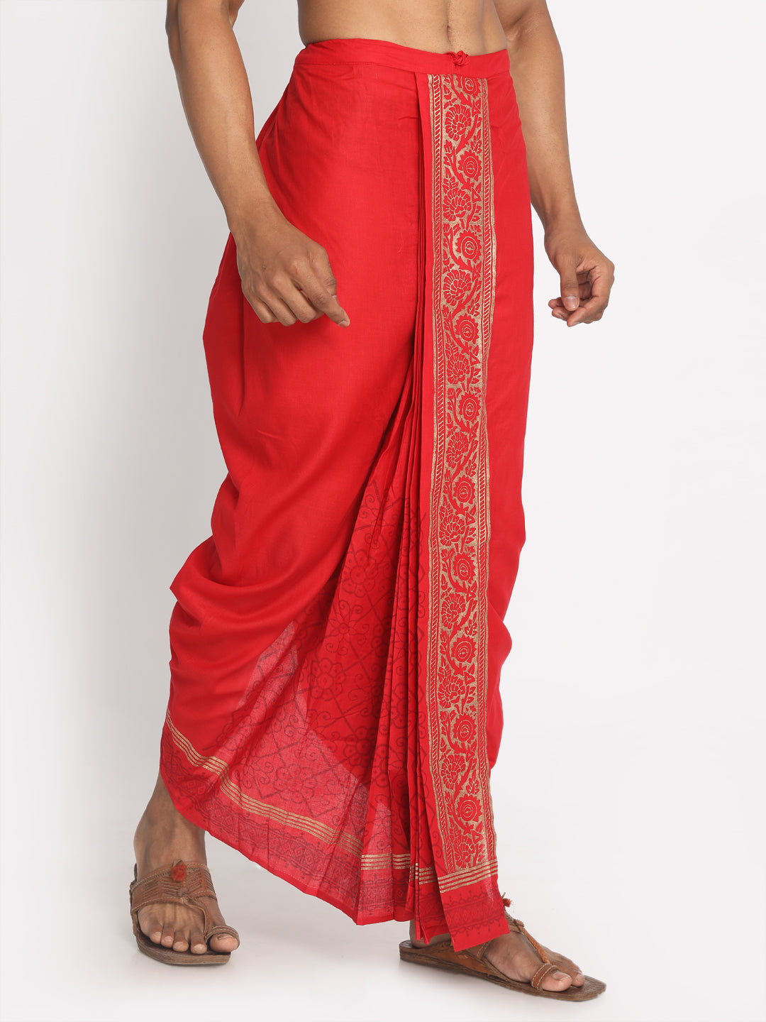 Nakshi Red Rayon Dhoti With Ethnic Handblock Print