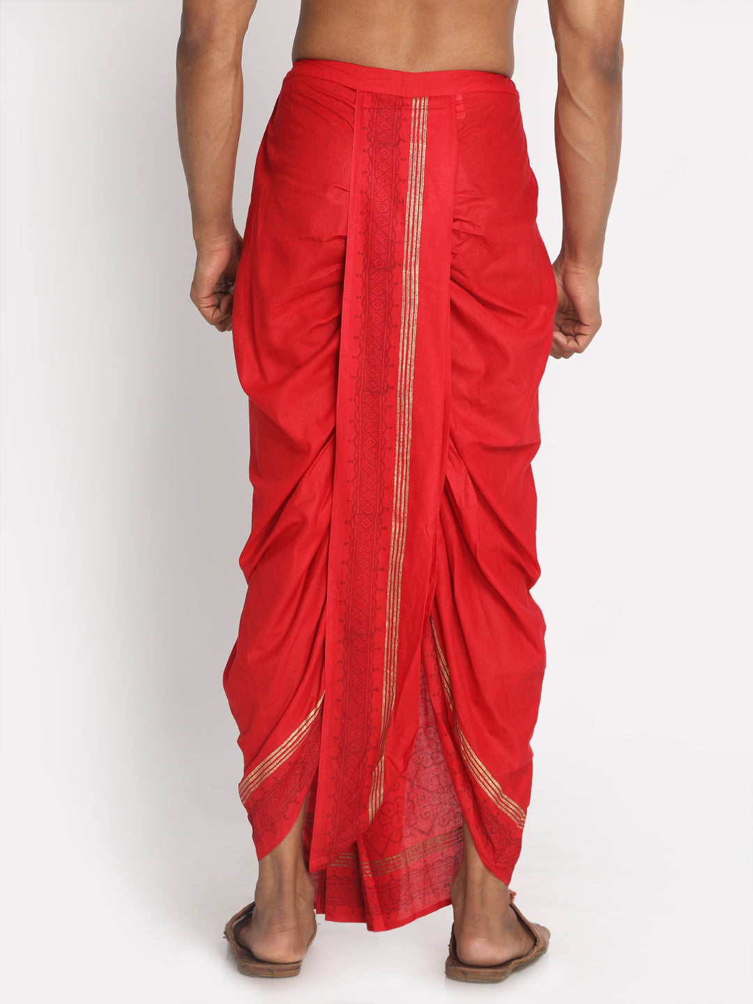 Nakshi Red Rayon Dhoti With Ethnic Handblock Print