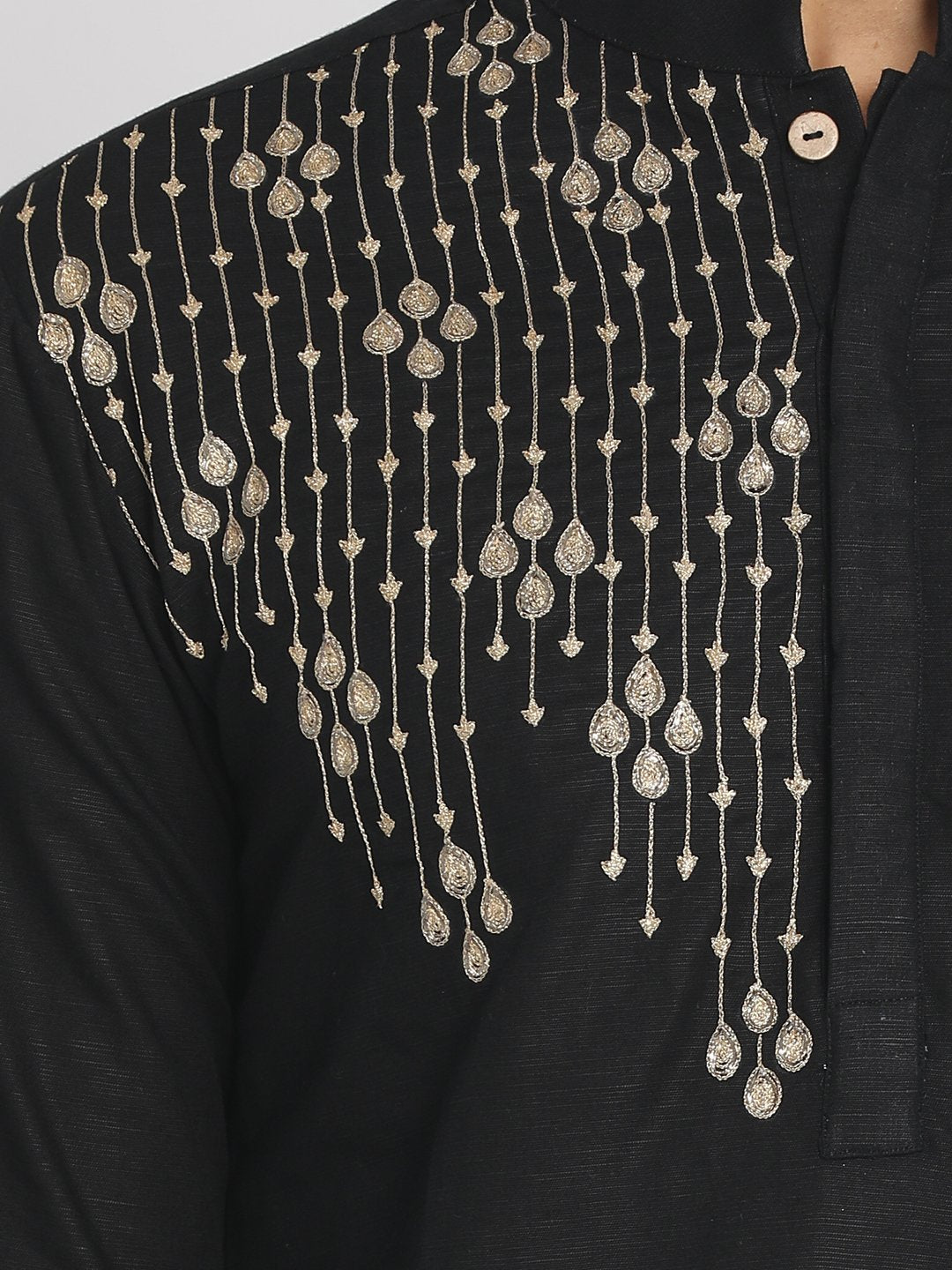 Cotton Linen Balck Hand Zari Embroidered Long Kurta with Mask