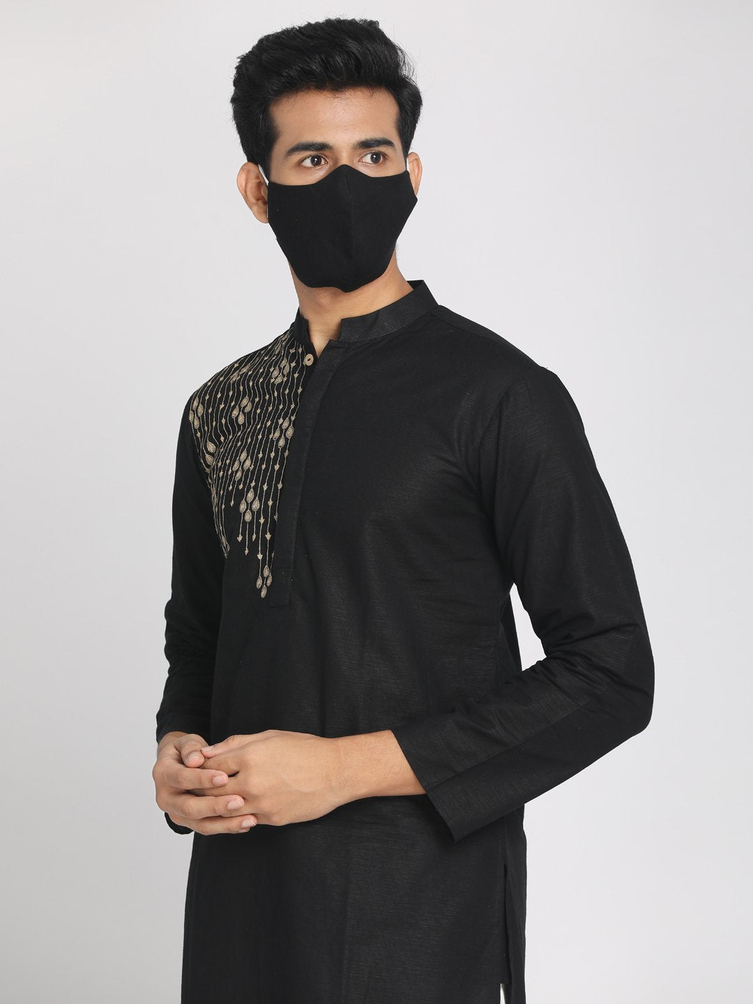 Nakshi Cotton Linen Balck Hand Zari Embroidered Long Kurta with Mask