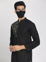 Load image into Gallery viewer, Cotton Linen Balck Hand Zari Embroidered Long Kurta with Mask
