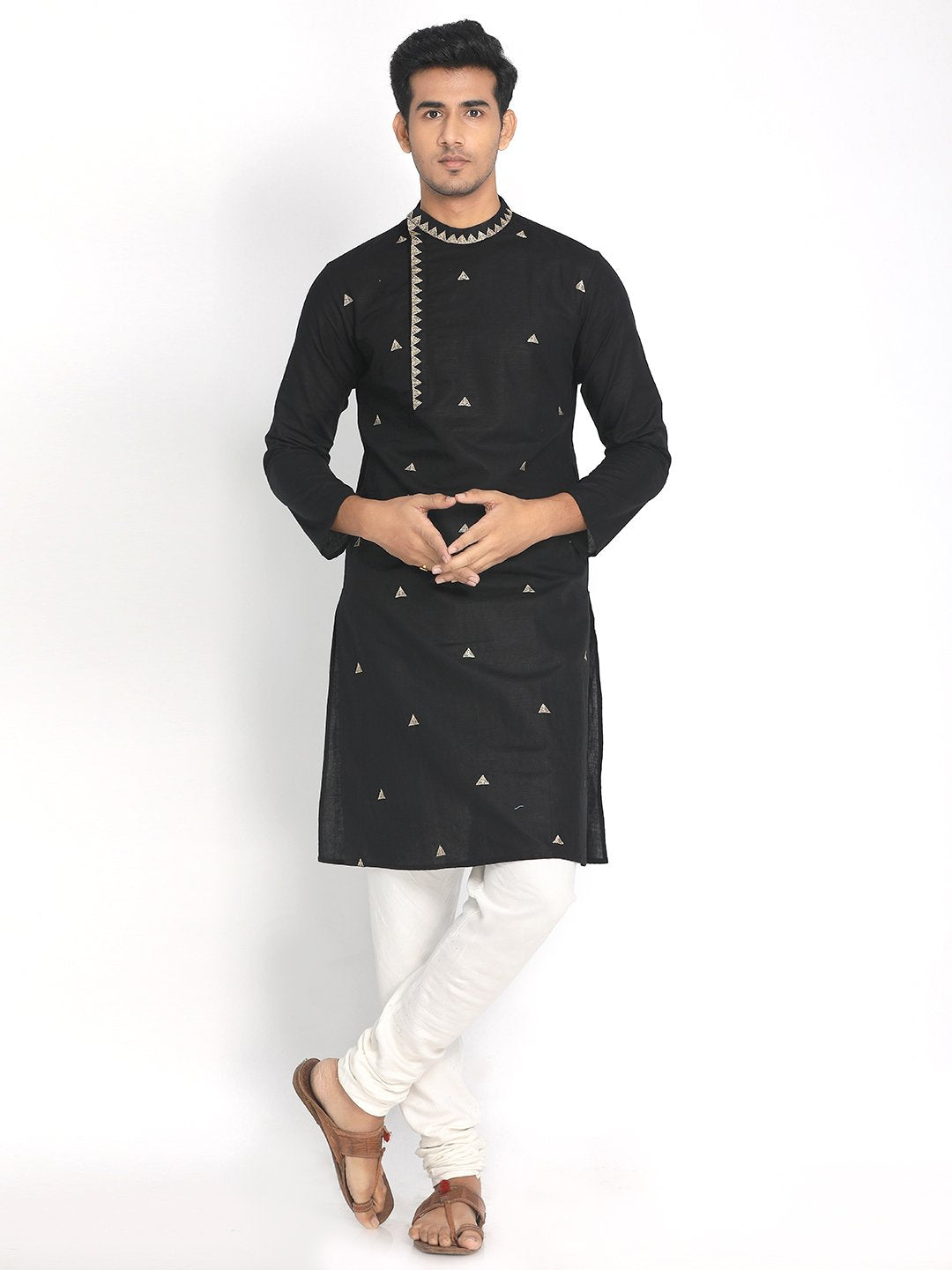 Nakshi Cotton Linen Black Zari Embroidered Long Kurta with Mask