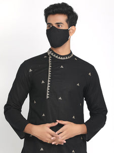 Cotton Linen Black Zari Embroidered Long Kurta with Mask