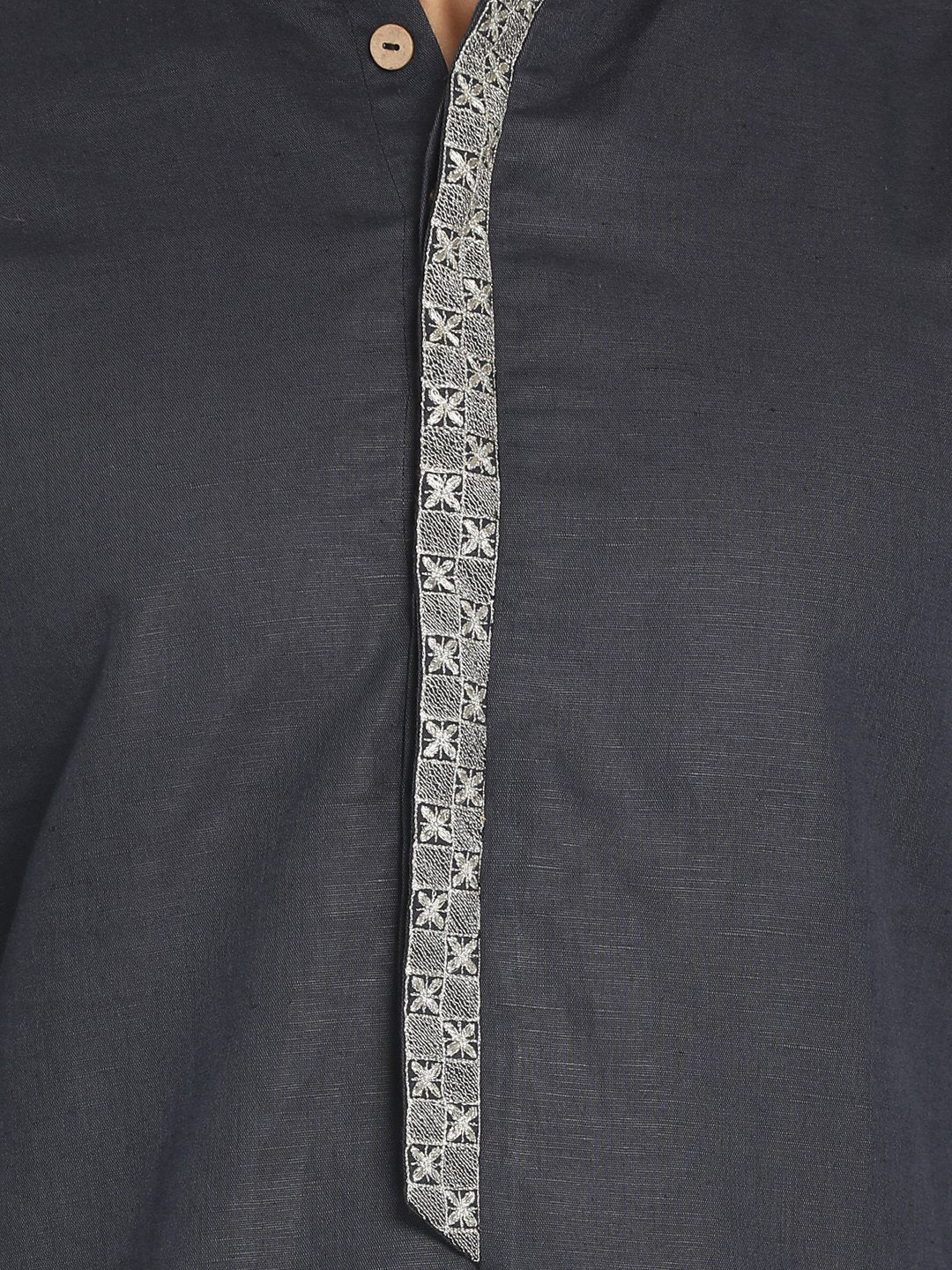 Nakshi Cotton Linen Grey Zari Embroidered Long Kurta with Mask