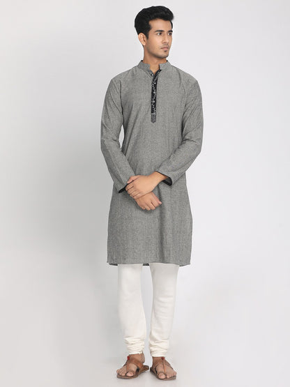Nakshi Pure Cotton Grey Hand Embroidered Long Kurta with Mask
