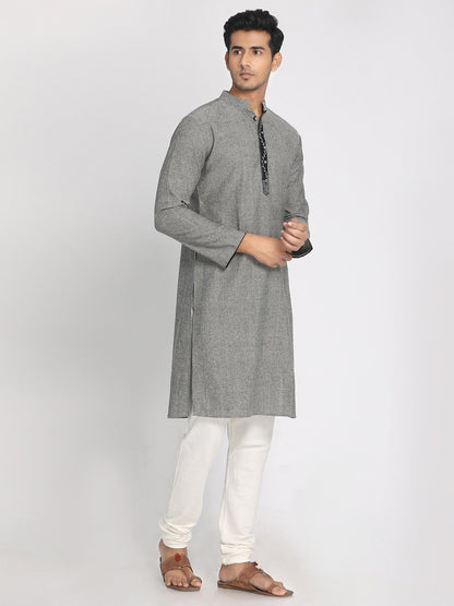 Nakshi Pure Cotton Grey Hand Embroidered Long Kurta with Mask