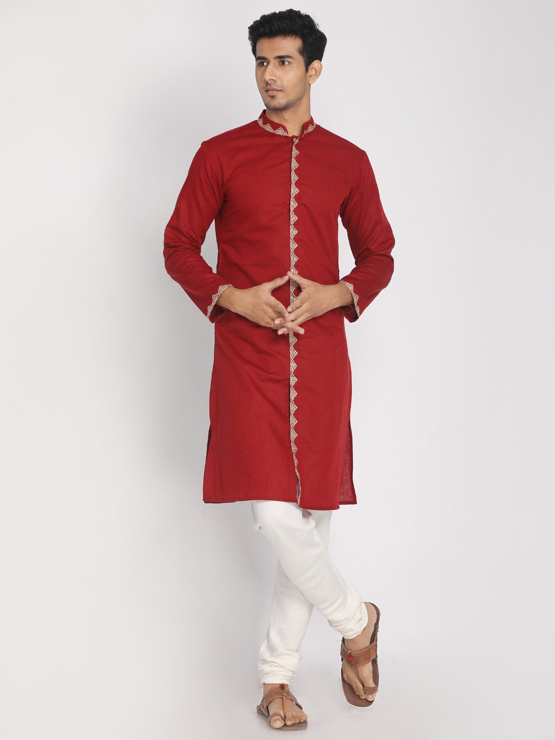 Nakshi Maroon Cotton Linen Zari Emboroidered Long Kurta