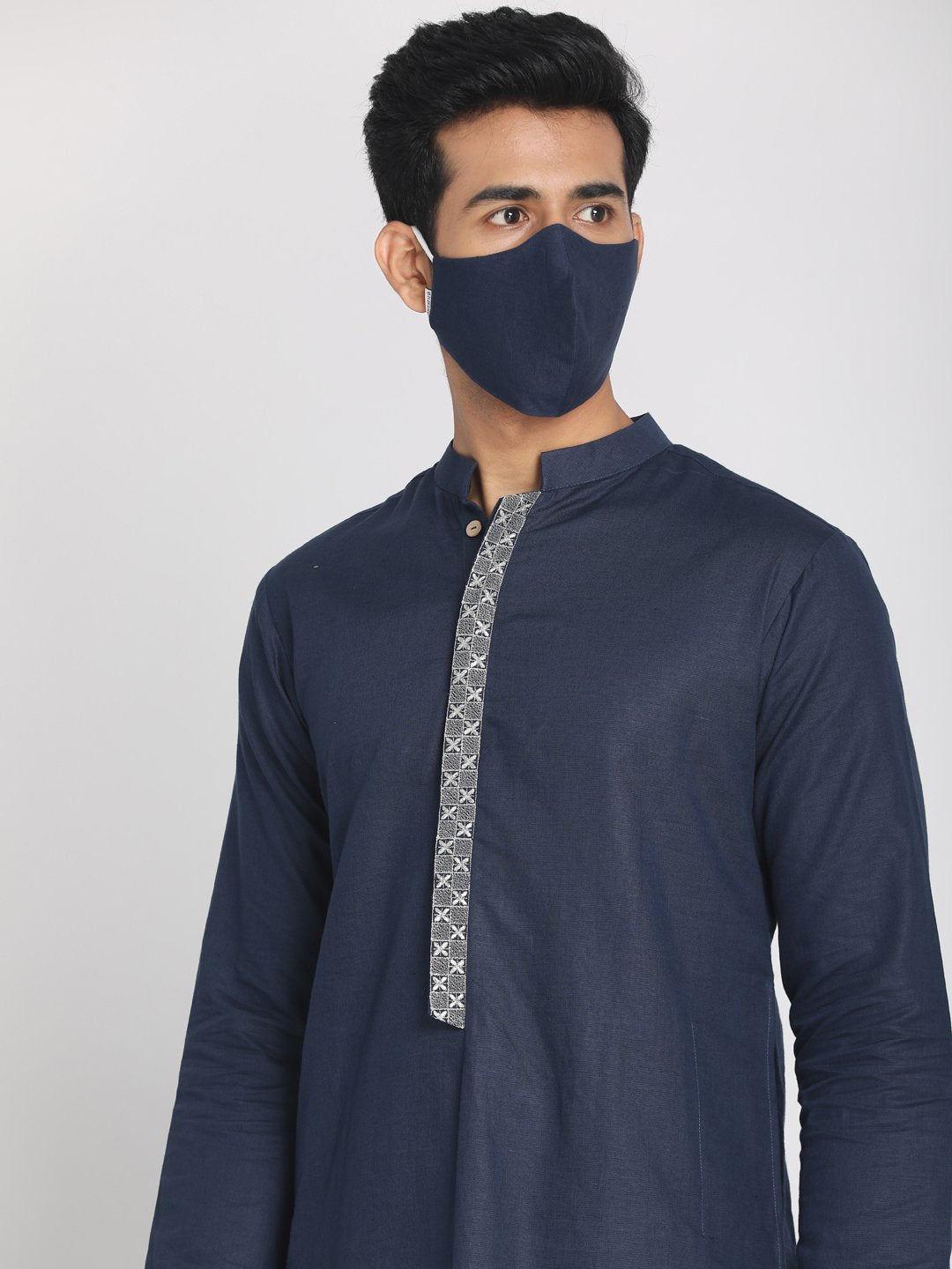 Cotton Linen Navy Blue Zari Embroidered Long Kurta with Mask