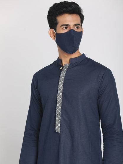 Nakshi Cotton Linen Navy Blue Zari Embroidered Long Kurta with Mask