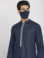 Load image into Gallery viewer, Cotton Linen Navy Blue Zari Embroidered Long Kurta with Mask
