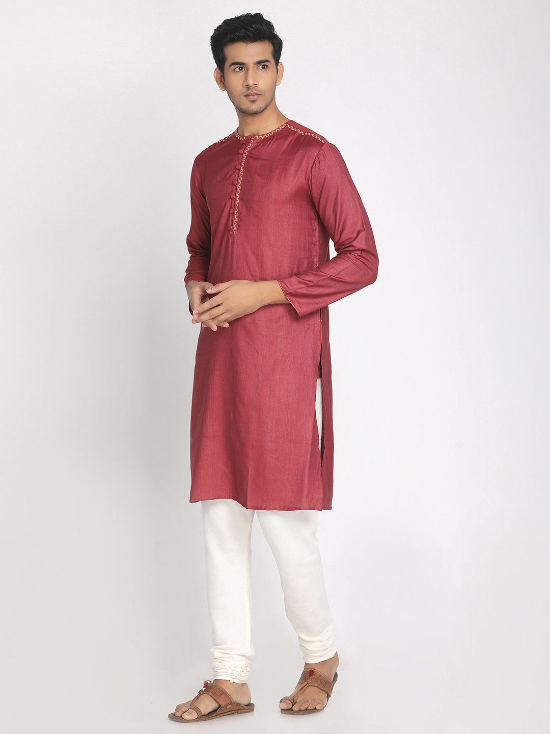 Pure Tussar Viscose Maroon Hand Embroidered Long Kurta with Mask.