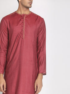 Pure Tussar Viscose Maroon Hand Embroidered Long Kurta with Mask.