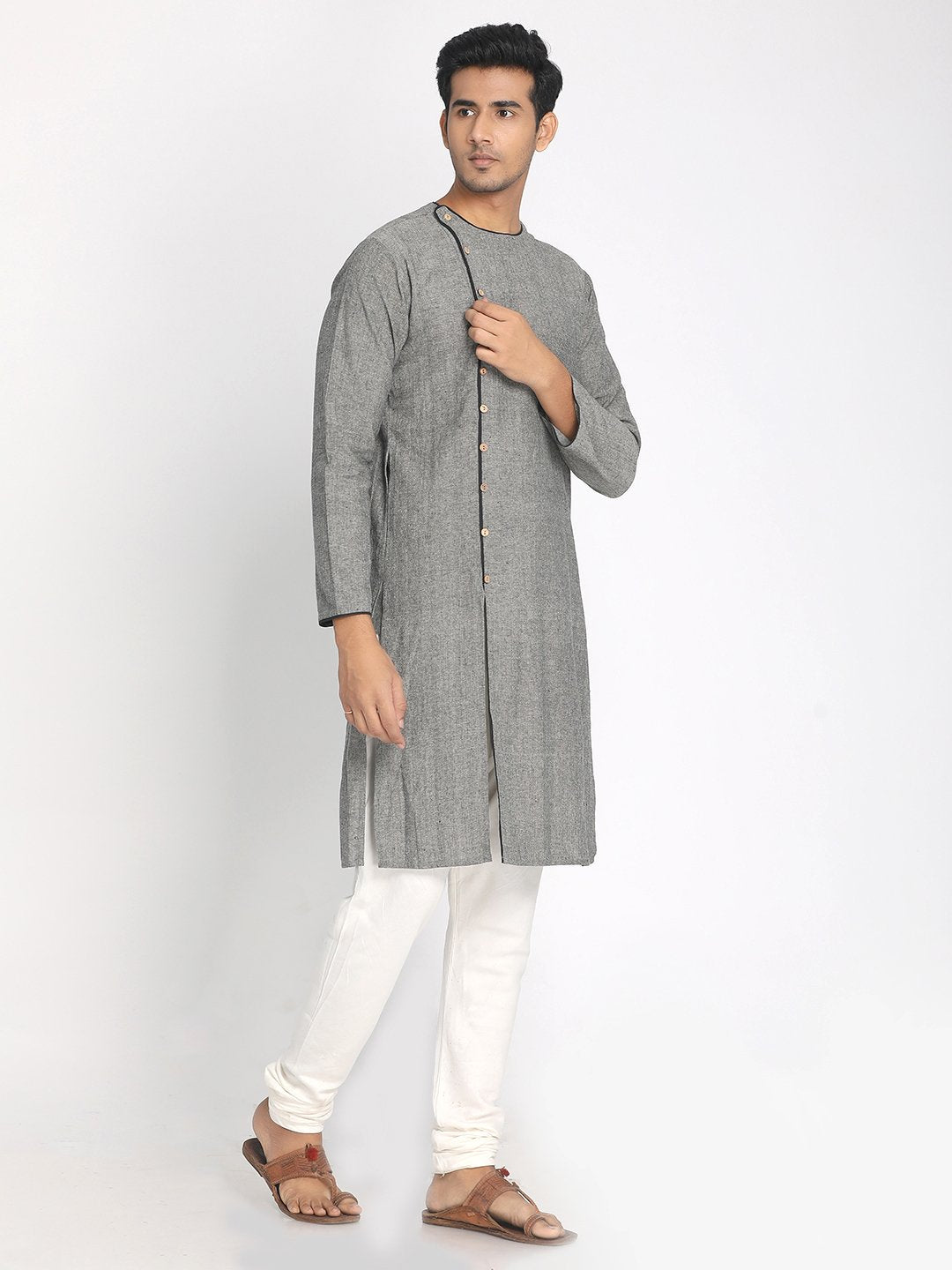 Nakshi Cotton Grey Solid Straight Long Kurta For Men