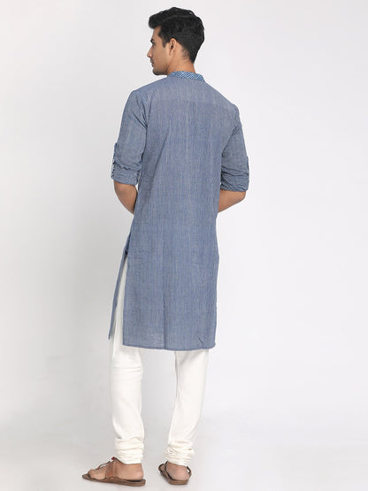 Nakshi Handloom Cotton Blue Striped Hand Block Collar Printed Long Kurta