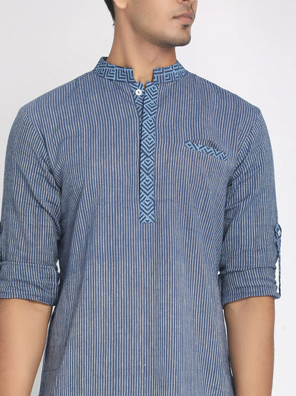 Nakshi Handloom Cotton Blue Striped Hand Block Collar Printed Long Kurta