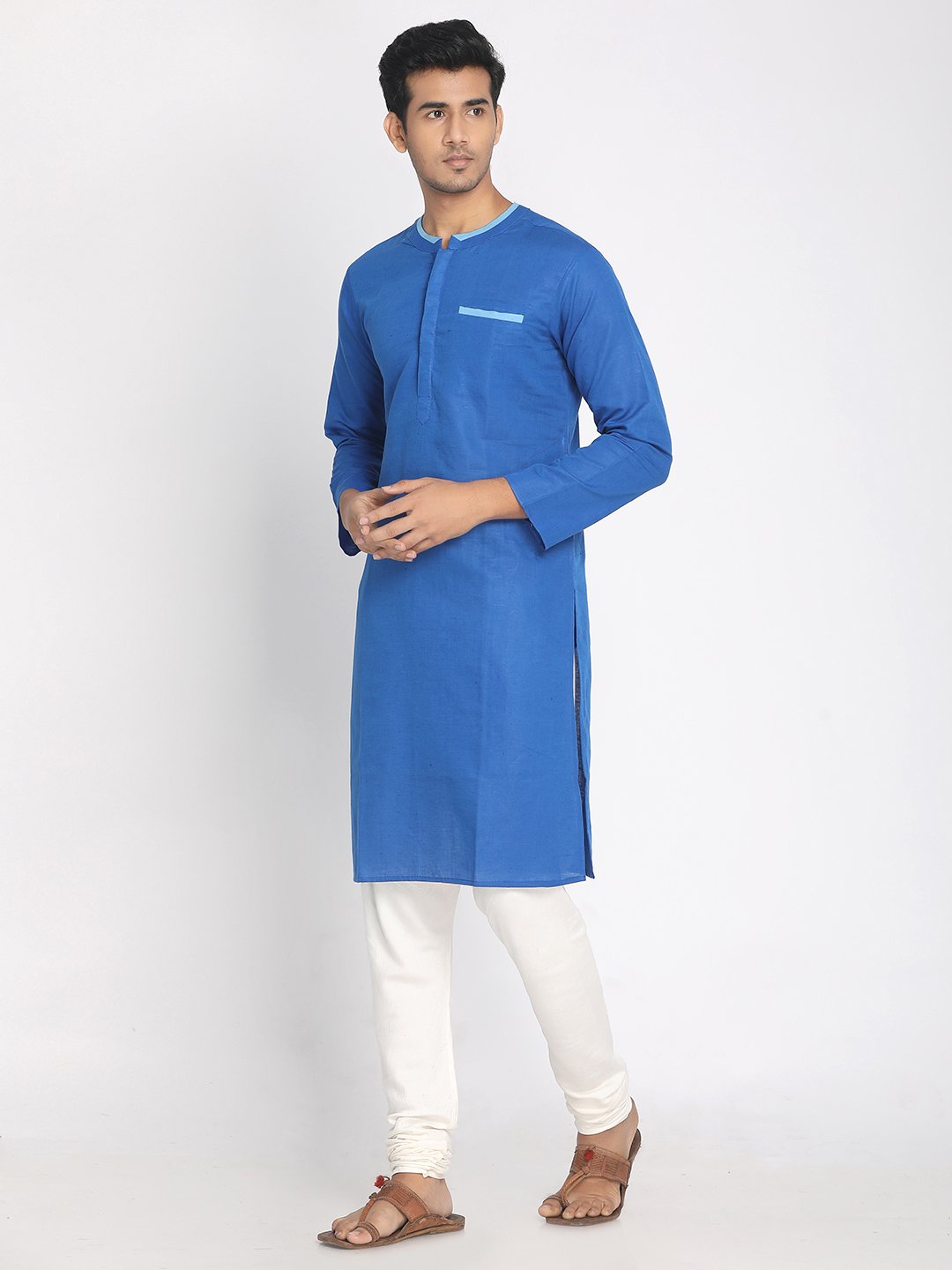 Nakshi Cotton Linen Solid Blue Long Kurta