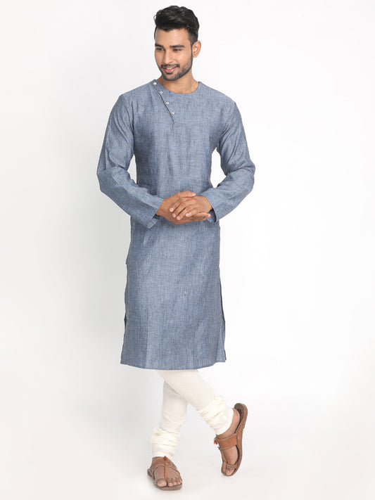 Nakshi Stone Blue Solid Cotton Linen Long Kurta