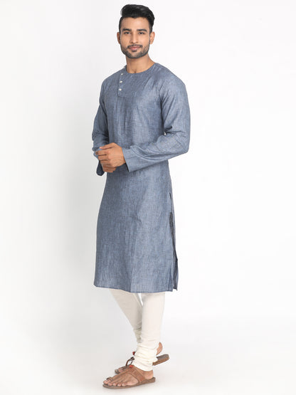 Nakshi Stone Blue Solid Cotton Linen Long Kurta