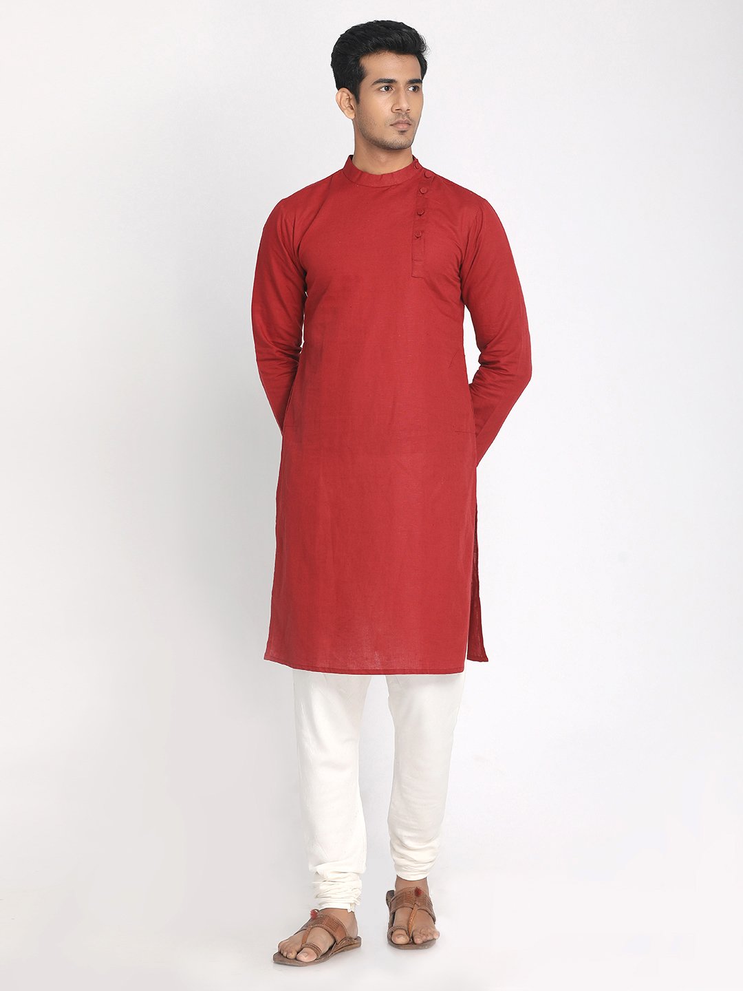 Nakshi Cotton Linen Red Straight Long Kurta Side Button
