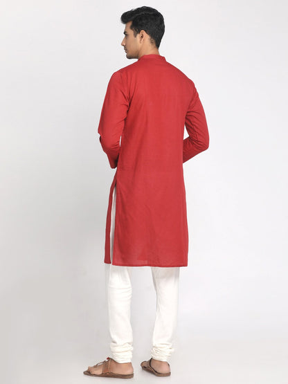 Nakshi Cotton Linen Red Straight Long Kurta Side Button