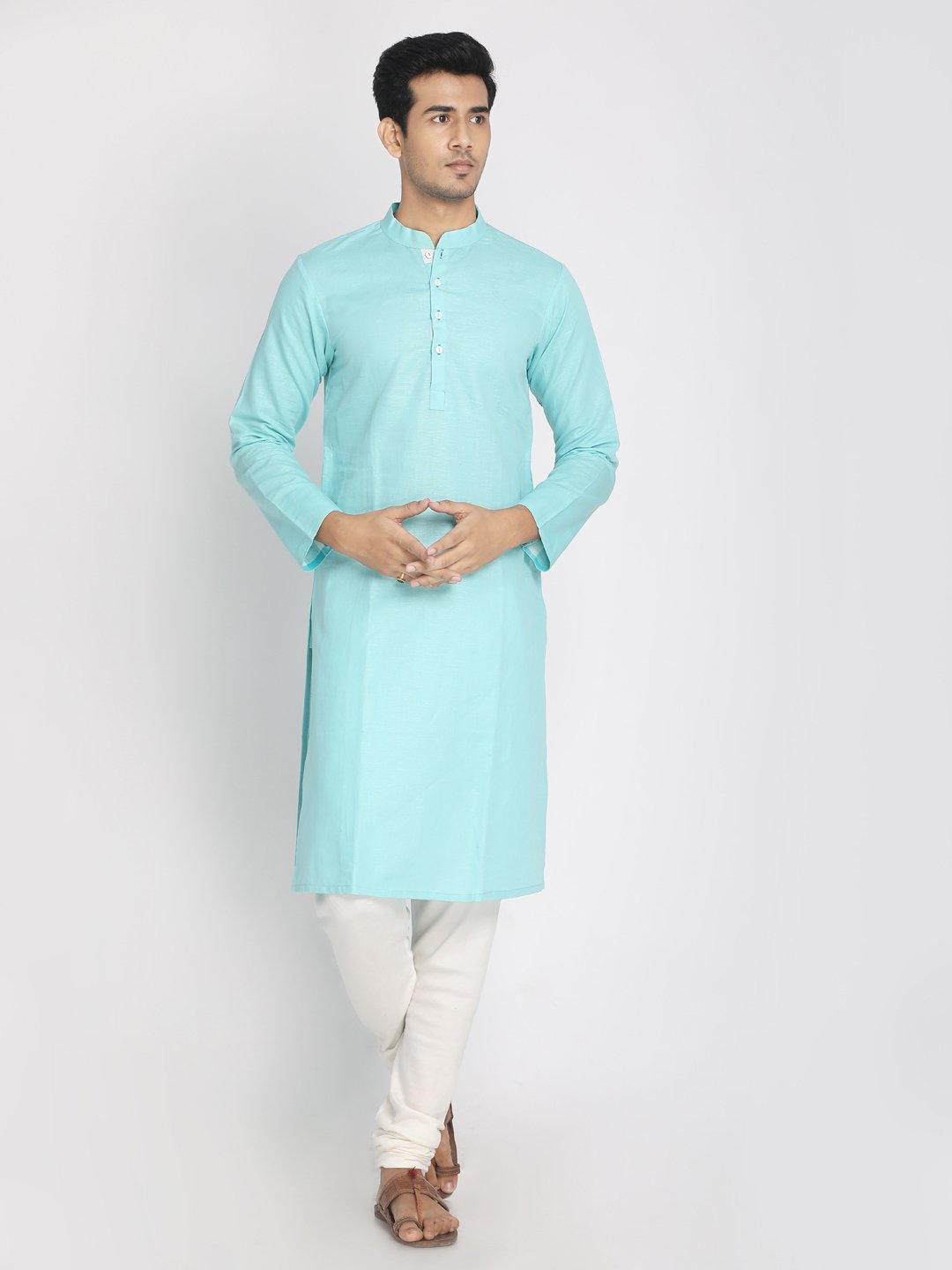 Nakshi Cotton Linen Solid Sky Blue Long Kurta