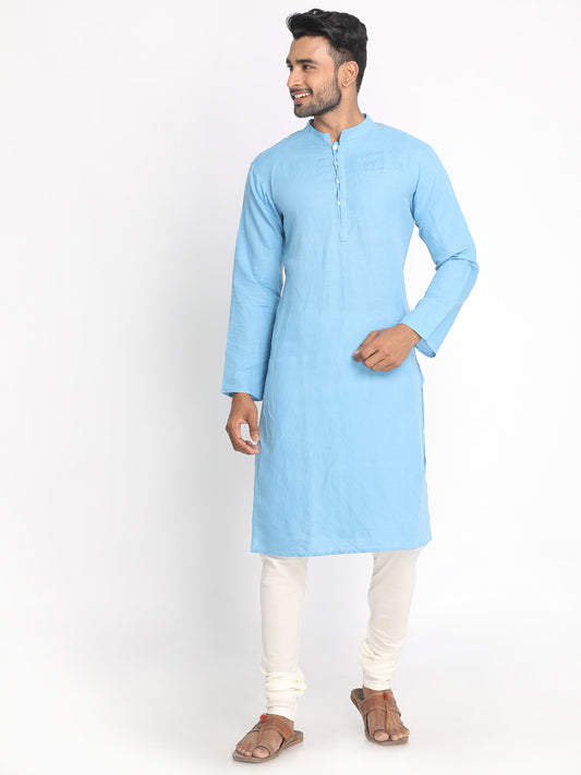 Nakshi Sky Blue Solid Cotton Linen Long Kurta