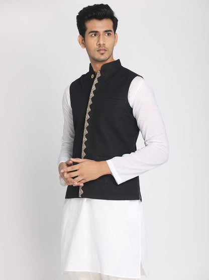 Nakshi Black Solid Woven Eco Friendly Fiber Nehru Jacket