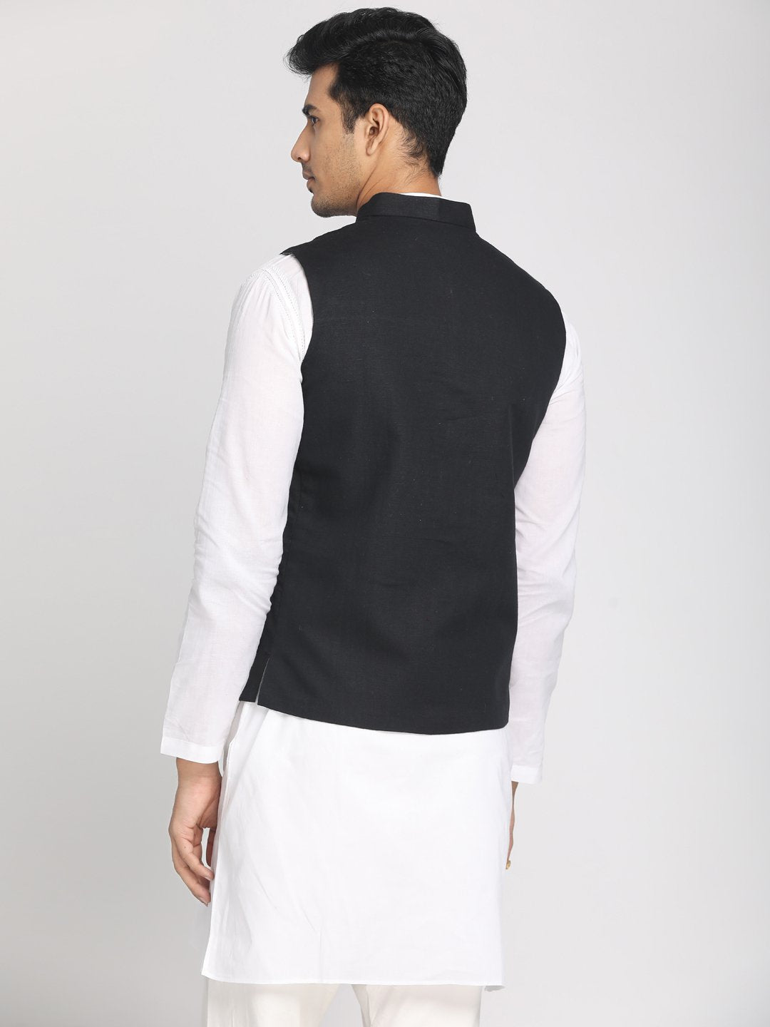 Nakshi Black Solid Woven Eco Friendly Fiber Nehru Jacket