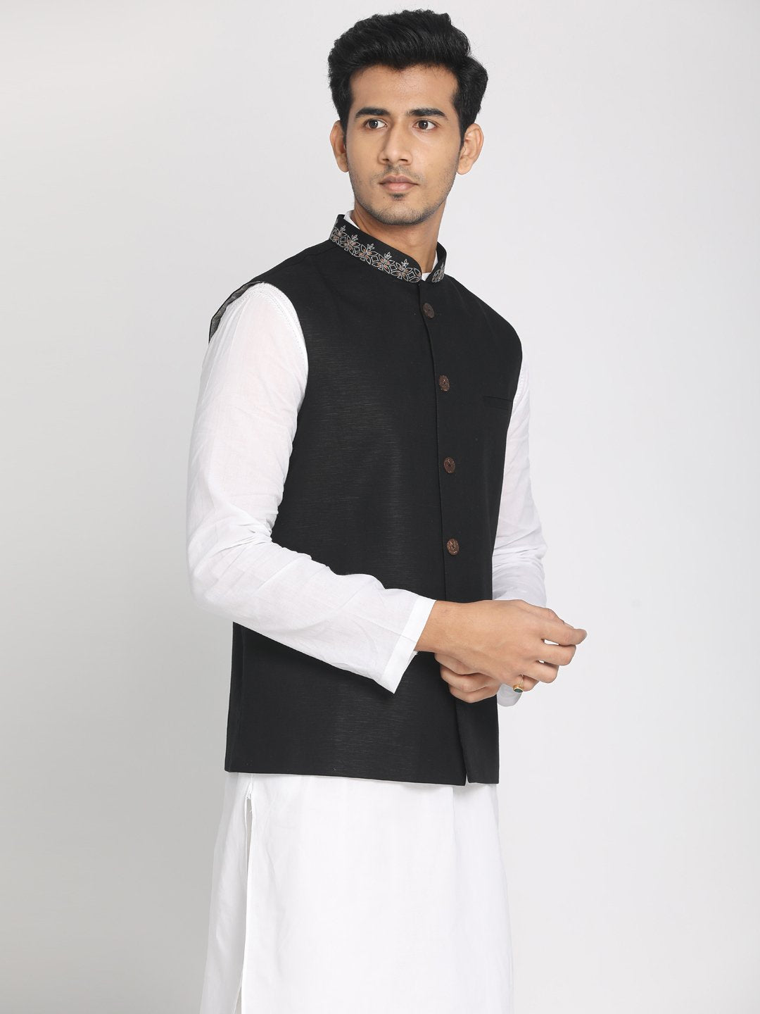 Nakshi Black Solid Woven Eco Friendly Soft Nehru Jacket