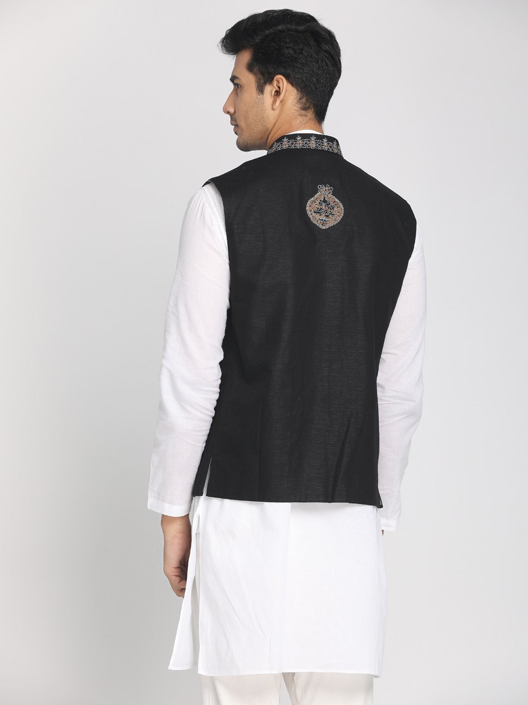 Nakshi Black Solid Woven Eco Friendly Soft Nehru Jacket