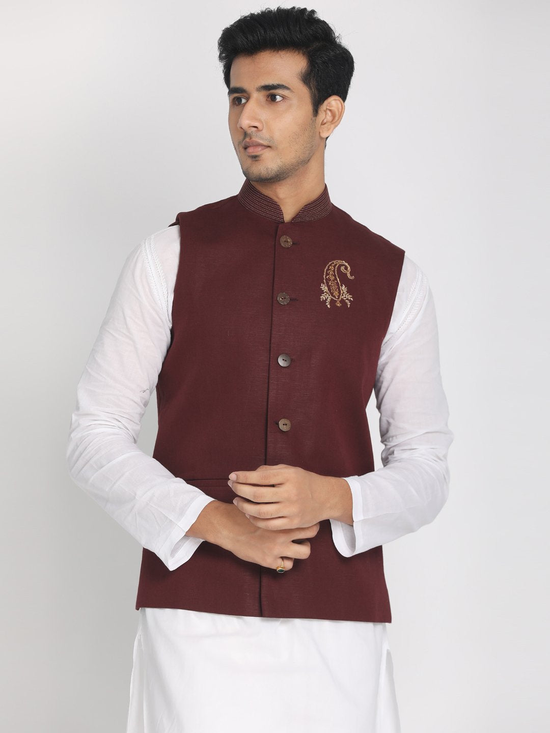 Nakshi Maroon Solid Woven Soft Nehru Jacket