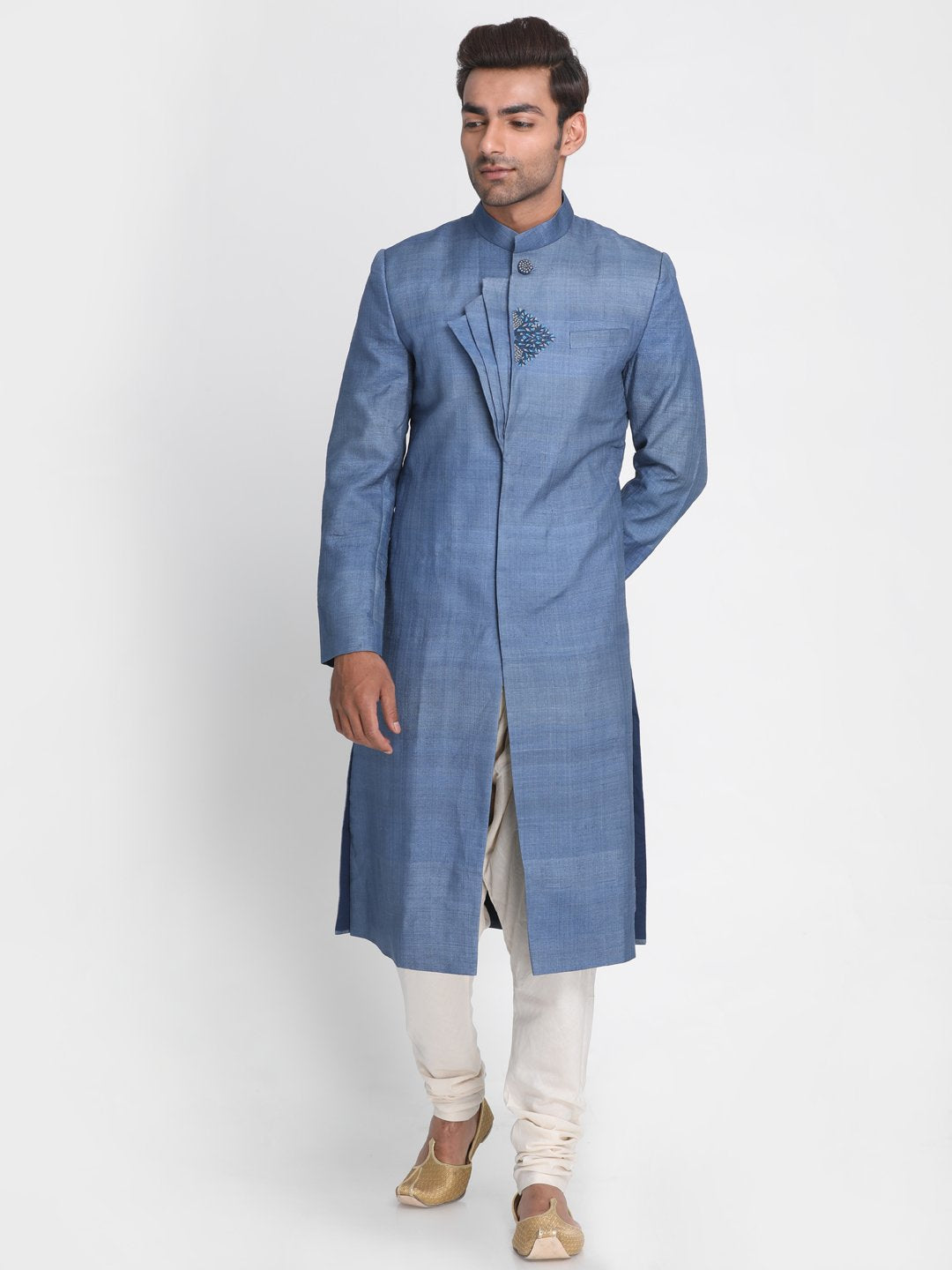 Nakshi Greyish Blue Coloured Intricate Hand Embroided Three Panel Styled Tussar Silk Sherwani Inspired By Gont Art