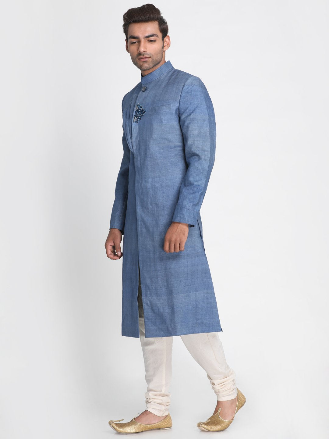 Nakshi Greyish Blue Coloured Intricate Hand Embroided Three Panel Styled Tussar Silk Sherwani Inspired By Gont Art