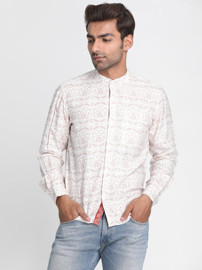 Nakshi Men White & Red Slim Fit Printed Casual Shirt