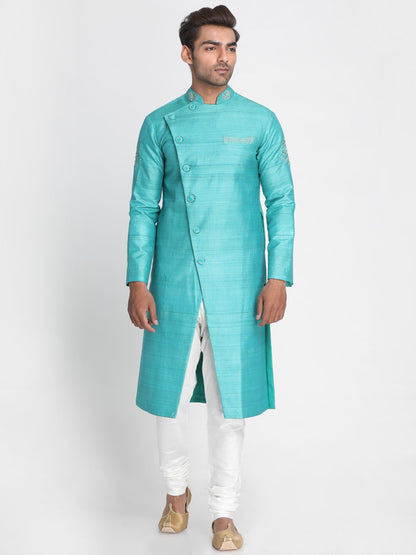 Nakshi Turquoise Blue Pure Tussar Silk Asymmetric Sherwani with Hand Aari Work