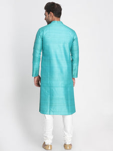 Turquoise Blue Tussar Silk Sherwani with Hand Aari Work