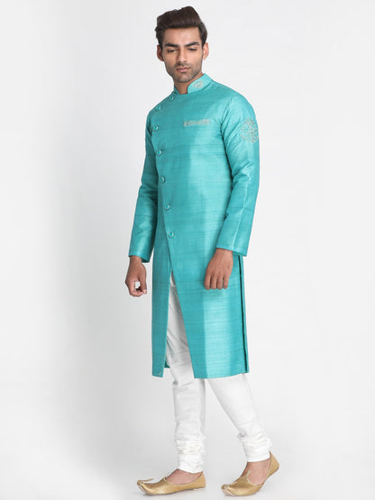 Nakshi Turquoise Blue Pure Tussar Silk Asymmetric Sherwani with Hand Aari Work
