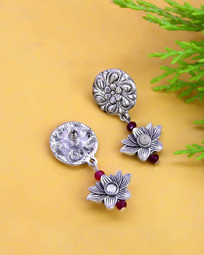 Nakshi Handcrafted German Silver & Red Crystals Lotus Shape Necklace Set