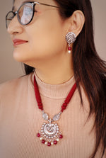 Load image into Gallery viewer, Handcrafted Red thread ,German silver, art peal &amp; ruby red onyx moon shape necklace set
